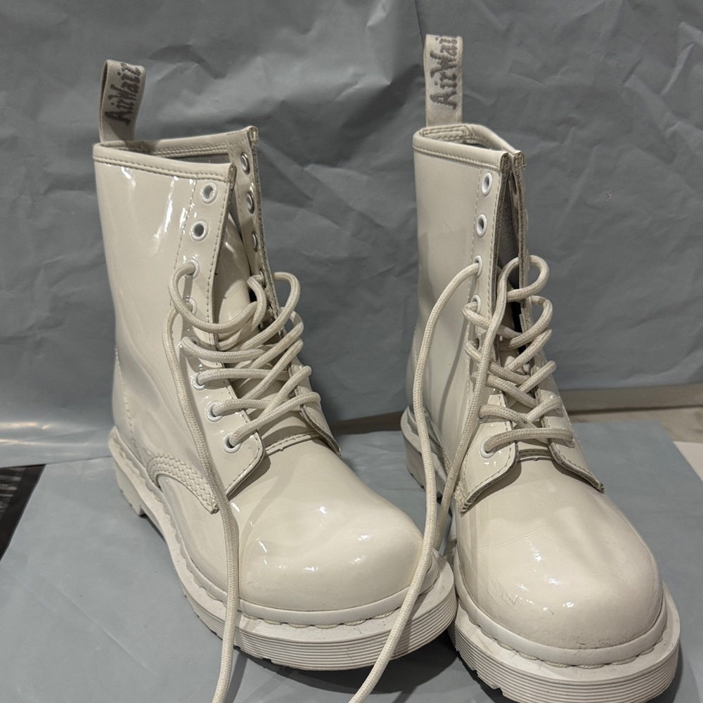 White Patent Leather Lace-Up Boots - Picture 12 of 13
